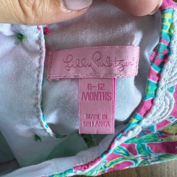 Lilly Pulitzer Baby Dress Size 6-12M Scallop Trim Pink Green Palm Leaf Floral - Picture 6 of 7